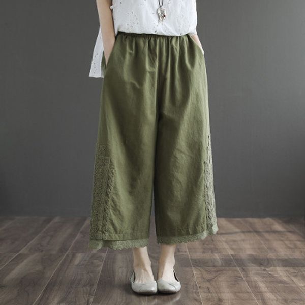 2020 summer new literary cotton and linen lace stitching seven-point wide-leg pants elastic waist loose large size pants female, Black;white 
2020 summer new literary cotton and linen lace stitching seven-point wide-leg pants elastic waist loose large size pants female, Black;white