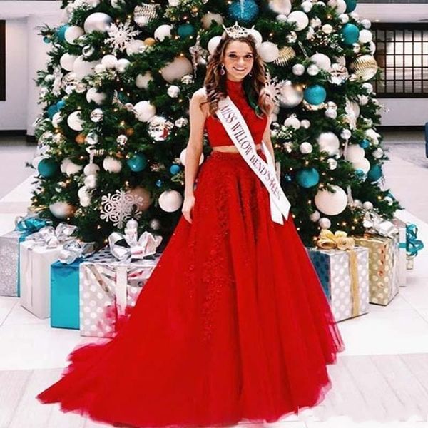 2021 beautiful red high neck two pieces prom dresses with lace appliques tulle long pageant dress evening gowns formal, Black
2021 beautiful red high neck two pieces prom dresses with lace appliques tulle long pageant dress evening gowns formal, Black