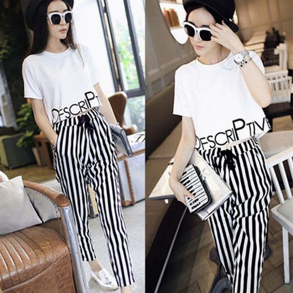 2 pcs/set women white printing +stripe pants suits lady summer fashion clothes causal round neck shirtm trouser, Gray
2 pcs/set women white printing +stripe pants suits lady summer fashion clothes causal round neck shirtm trouser, Gray