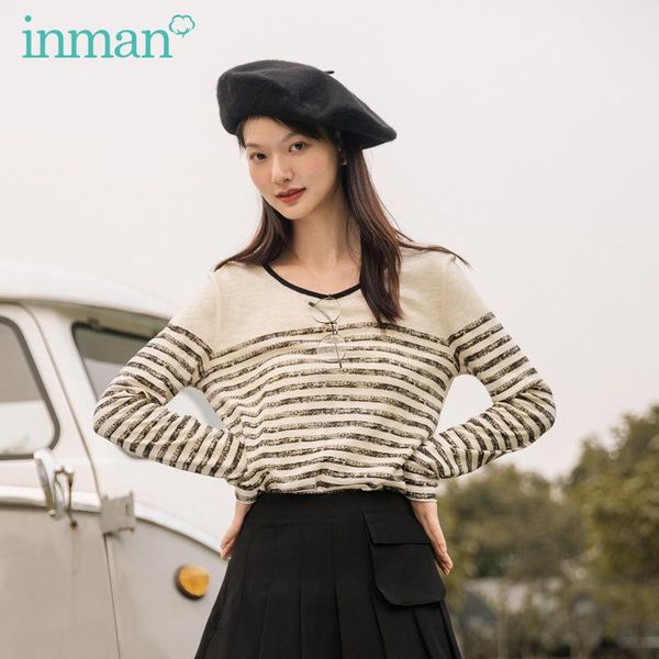 inman 2020 autumn new vintage women print retro contrast color stripe long sleeve cotton base round collar female t-shirt, White
inman 2020 autumn new vintage women print retro contrast color stripe long sleeve cotton base round collar female t-shirt, White