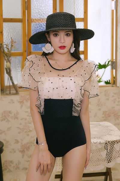 ins ins swimsuit womens backless one-piece triangle belly slimming organza short-sleeved net red beach swimsuit sale, White;black