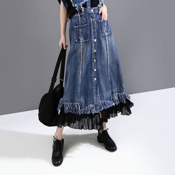 women's casual vintage elastic waist flared pleated midi denim jean skirt splicing mesh high waist femme jupes with belt s206, Black
women's casual vintage elastic waist flared pleated midi denim jean skirt splicing mesh high waist femme jupes with belt s206, Black