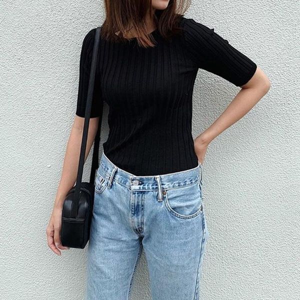 women summer thin slim knit short-sleeved black striped stretch t-shirts japanese casual knitted pullover autumn trendy, White;black
women summer thin slim knit short-sleeved black striped stretch t-shirts japanese casual knitted pullover autumn trendy, White;black