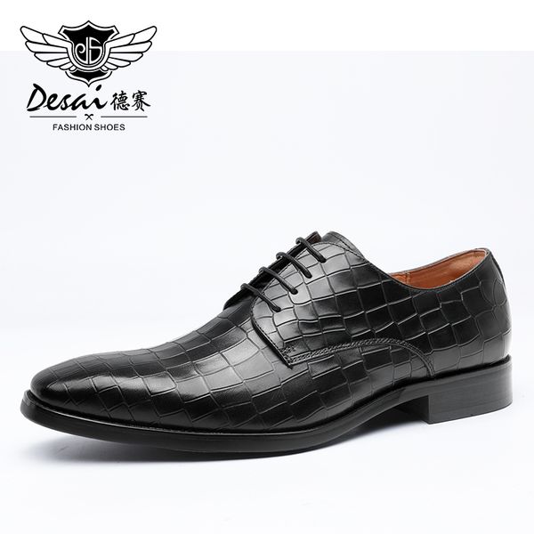 desai men leather shoes business dress embossed breathable wedding fashion lace up pointed toe shoes for men 2020 new arrival, Black