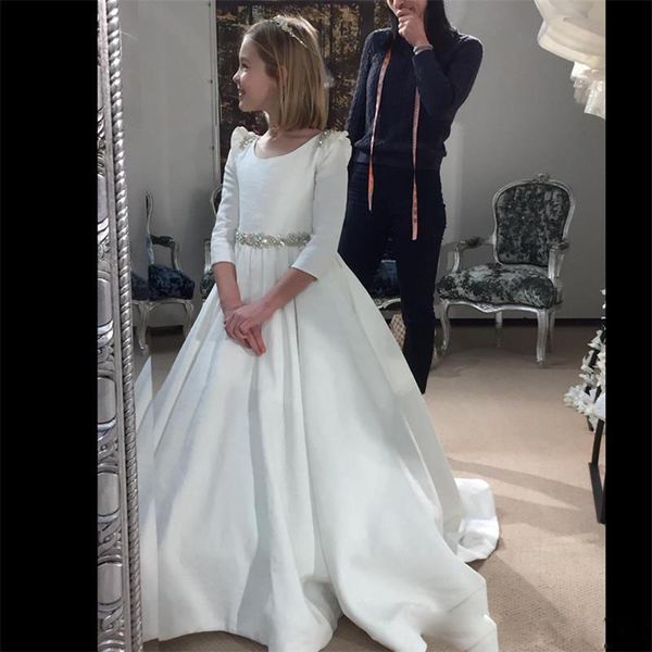 white flower girl dresses for weddings o neck hollow back 3/4 long sleeve crystal beads child birthday party gowns, Red;yellow