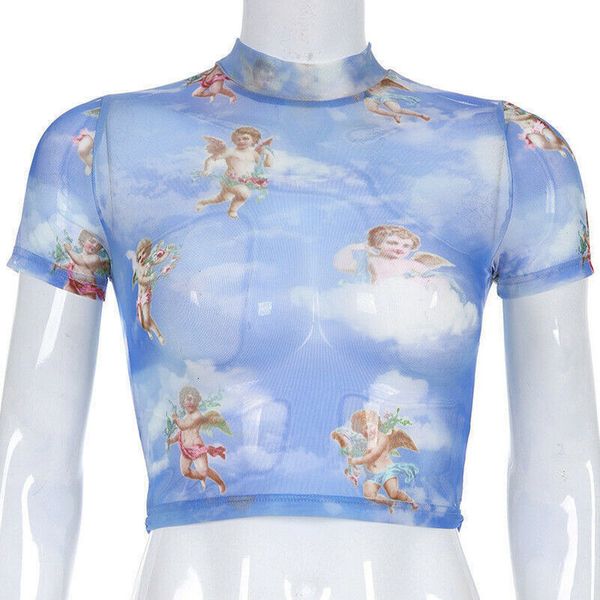 women crop angel short sleeve see through mesh fishnet crop t shirt summer, White