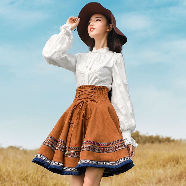 women new autumn vintage elegant bohemia high waist embroidery ribbon tassel all-match purple suede short bust skirt, Black 
women new autumn vintage elegant bohemia high waist embroidery ribbon tassel all-match purple suede short bust skirt, Black
