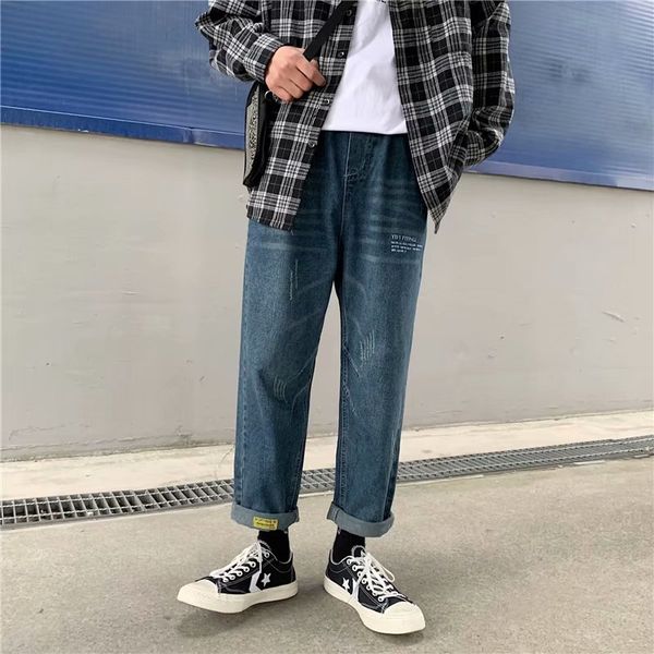 hong kong style jeans men's loose korean version of the trend straight leg pants harajuku style sloppy handsome nine points pant, Blue
hong kong style jeans men's loose korean version of the trend straight leg pants harajuku style sloppy handsome nine points pant, Blue