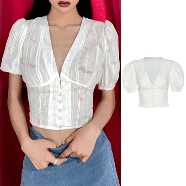 women short puff sleeve t-shirt v-neck leaves jacquard lace stripes female button front bodycon fit casual streetwer, White
women short puff sleeve t-shirt v-neck leaves jacquard lace stripes female button front bodycon fit casual streetwer, White