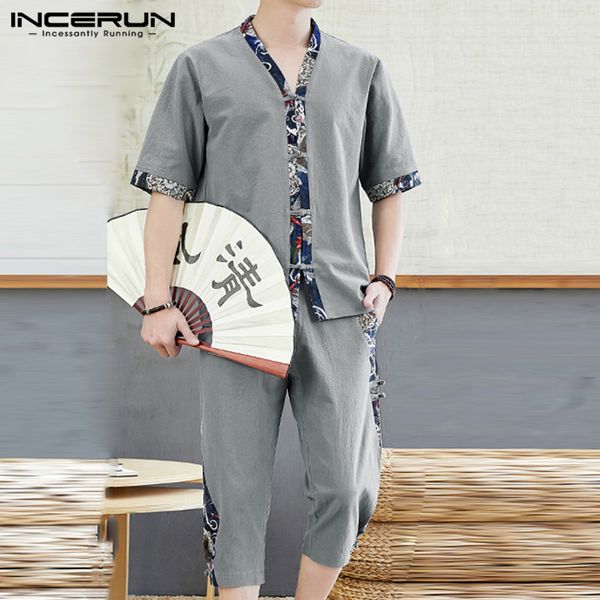 men's tracksuits incerun chinese style men sets cotton 2021 patchwork half sleeve streetwear v neck shirt elastic waist pants vintage s, Gray
men's tracksuits incerun chinese style men sets cotton 2021 patchwork half sleeve streetwear v neck shirt elastic waist pants vintage s, Gray