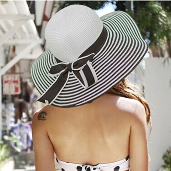 new black and white striped big eaves holiday travel straw butterfly straw hat bow sunscreen beach hat, Blue;gray
new black and white striped big eaves holiday travel straw butterfly straw hat bow sunscreen beach hat, Blue;gray