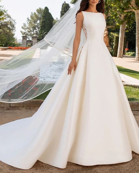 a-line wedding dresses bateau neck court train satin regular straps romantic plus size elegant with bow(s) buttons lace insert, White
a-line wedding dresses bateau neck court train satin regular straps romantic plus size elegant with bow(s) buttons lace insert, White
