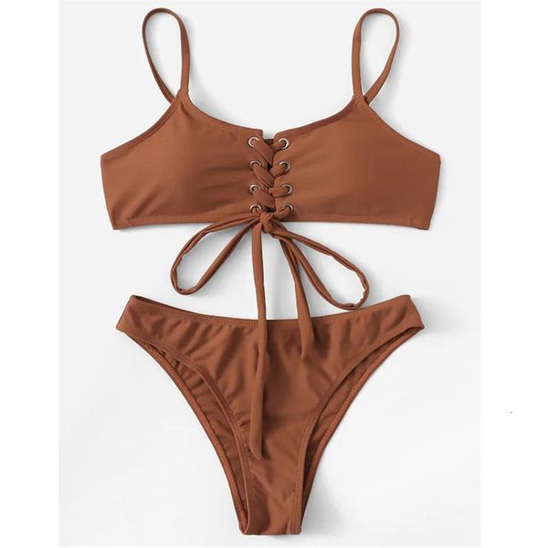 two pieces bikini set women lace up high leg bikini swimwear brown bathing swimming suit for women 2020 feminino, White;black
two pieces bikini set women lace up high leg bikini swimwear brown bathing swimming suit for women 2020 feminino, White;black