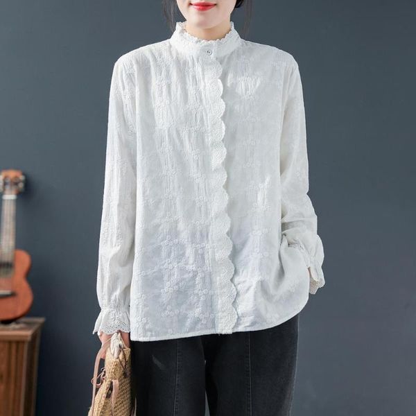 surface fine flowers embroidery long sleeve cotton ruffled collar shirt blouse 8558, White 
surface fine flowers embroidery long sleeve cotton ruffled collar shirt blouse 8558, White