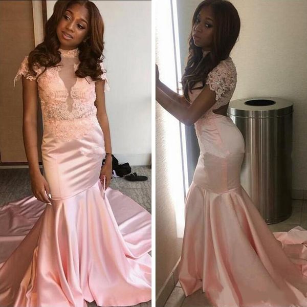 2020 african mermaid prom dresses long backless cap sleeves lace appliques sweep train arabic evening party pageant gowns, Black
2020 african mermaid prom dresses long backless cap sleeves lace appliques sweep train arabic evening party pageant gowns, Black
