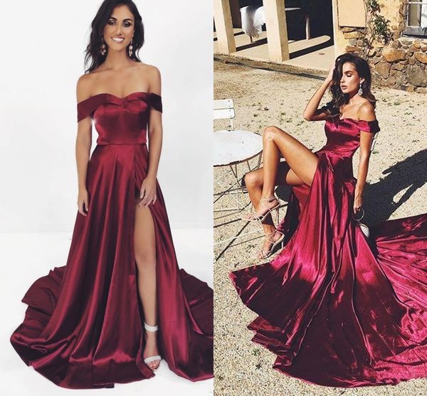 burgundy a line prom dresses off shoulders satin high side split long evening gowns formal dress wear ogstuff vestidos de feista, Black
burgundy a line prom dresses off shoulders satin high side split long evening gowns formal dress wear ogstuff vestidos de feista, Black