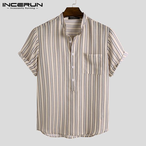 men's casual shirts incerun summer striped men shirt vintage breathable streetwear short sleeve stand collar camisas 2021 chic harajuk, White;black
men's casual shirts incerun summer striped men shirt vintage breathable streetwear short sleeve stand collar camisas 2021 chic harajuk, White;black
