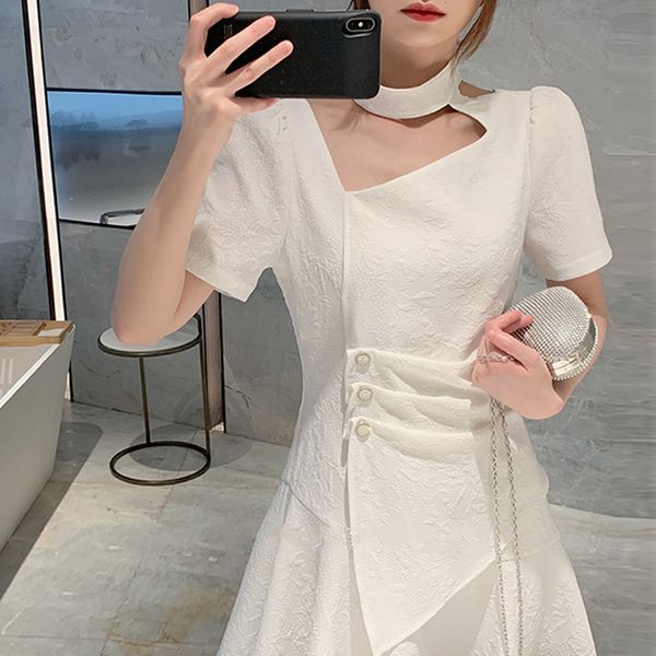 dress woman 2020 summer new korean version white texture dress mid-length irregular neckline design bandage, Black;gray
dress woman 2020 summer new korean version white texture dress mid-length irregular neckline design bandage, Black;gray