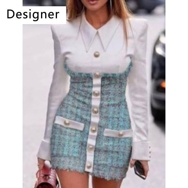 2020 new design european fashion women's faux 2 pieces turn down collar shirt patched tweed woolen single breasted pencil bodycon dress, Black;gray
2020 new design european fashion women's faux 2 pieces turn down collar shirt patched tweed woolen single breasted pencil bodycon dress, Black;gray