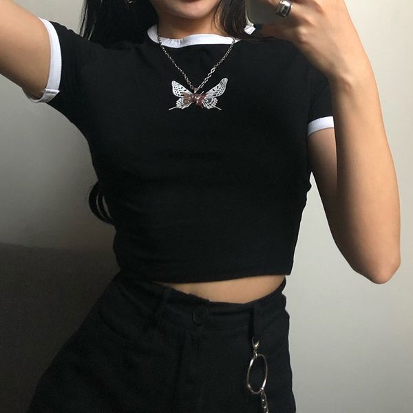 women's t-shirt gothic black butterfly print cotton tshirt women harajuku bodycon summer ringer tee short sleeve cropped, White
women's t-shirt gothic black butterfly print cotton tshirt women harajuku bodycon summer ringer tee short sleeve cropped, White