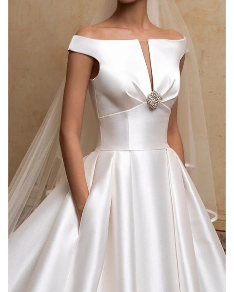 a-line wedding dresses off shoulder sweep / brush train satin short sleeve simple elegant with buttons crystal brooch, White
a-line wedding dresses off shoulder sweep / brush train satin short sleeve simple elegant with buttons crystal brooch, White