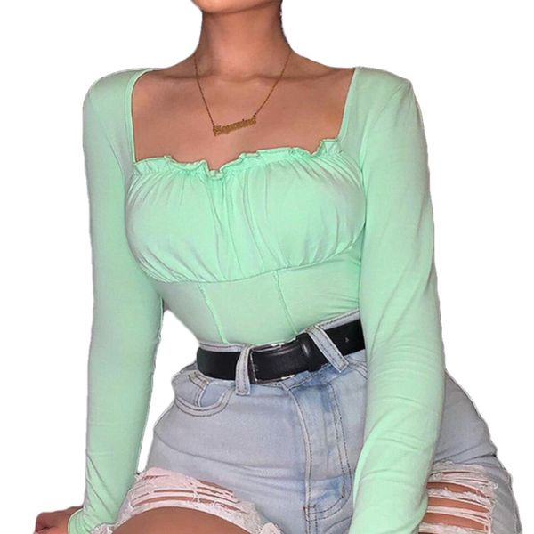 womens frill crop long sleeve square neck solid color plain slim fit smocked t shirts, White
womens frill crop long sleeve square neck solid color plain slim fit smocked t shirts, White