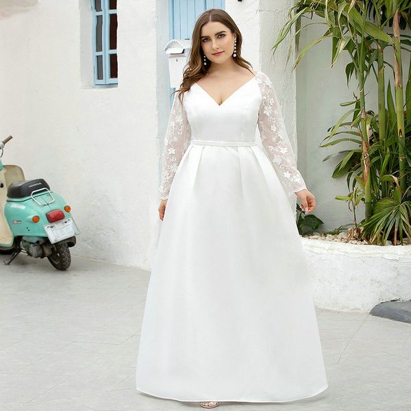 plus size white wedding dresses a-line v-neck full lace sleeve satin wedding gowns for bride, White;black 
plus size white wedding dresses a-line v-neck full lace sleeve satin wedding gowns for bride, White;black