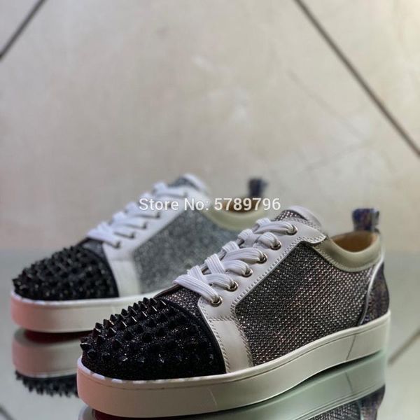 red bottoms silver glitter leather sports shoes for men casual flat loafers black rivets toecap runway shoe low cut sneakers
red bottoms silver glitter leather sports shoes for men casual flat loafers black rivets toecap runway shoe low cut sneakers
