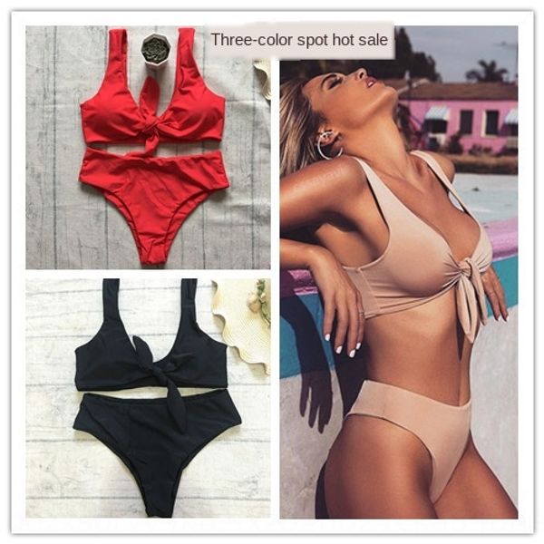 new chest knot high waist swimsuit bikini solid color swimsuit women's lace bikini, Black;red
new chest knot high waist swimsuit bikini solid color swimsuit women's lace bikini, Black;red