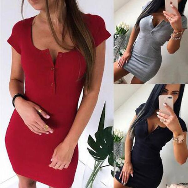 women summer v-neck mini dress 2020 casual solid color short sleeve button neck bodycon party club dresses female vestidos, Black;gray
women summer v-neck mini dress 2020 casual solid color short sleeve button neck bodycon party club dresses female vestidos, Black;gray