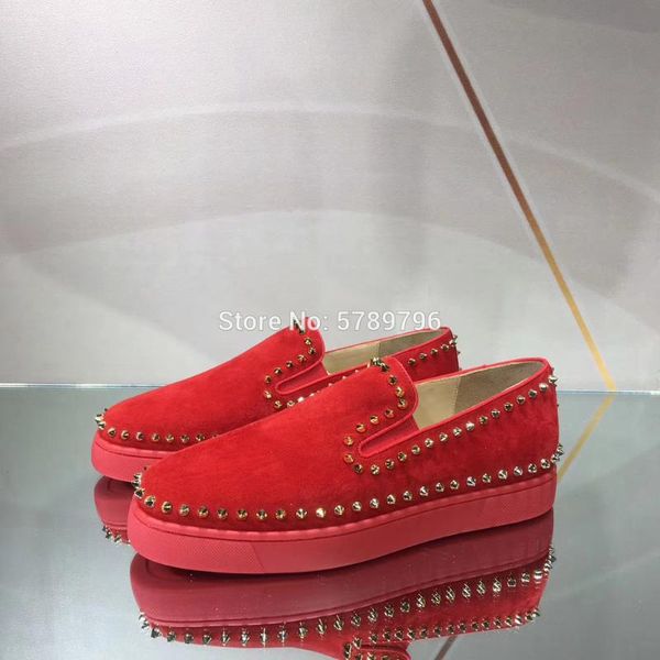 low cut red bottom solid red suede leather sports shoes for men casual flat loafers circle rivets runway sneakers couple models, Black
low cut red bottom solid red suede leather sports shoes for men casual flat loafers circle rivets runway sneakers couple models, Black