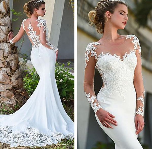 2020 illusion back mermaid wedding dresses long tulle sleeves lace applique chiffon custom made beach wedding gown vestido de novia, White
2020 illusion back mermaid wedding dresses long tulle sleeves lace applique chiffon custom made beach wedding gown vestido de novia, White