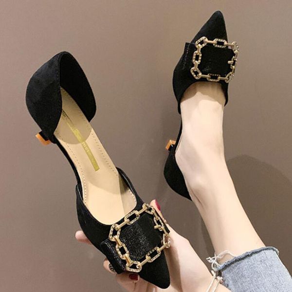 high heel shoes women shoes woman fashion pointed thin heels 2020 autumn fashion flock rhinestone square buckle women d372, Black