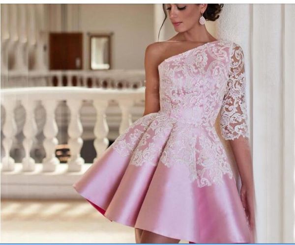 2020 elegant pink one shoulder satin a line homecoming dresses lace applique short party prom evening dresses ba2921, Red
2020 elegant pink one shoulder satin a line homecoming dresses lace applique short party prom evening dresses ba2921, Red