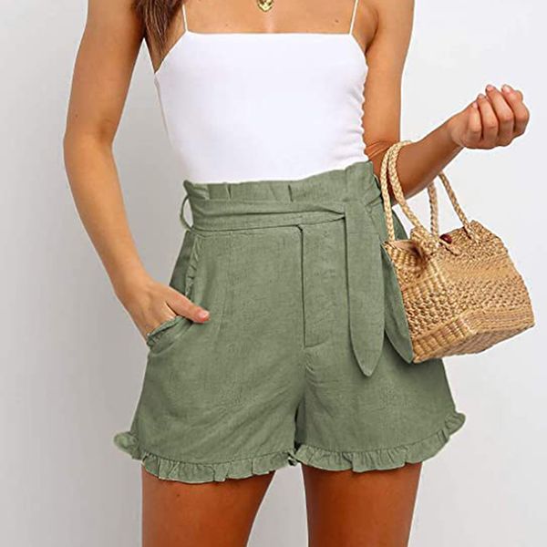 women's shorts fashion ruffle hem belted women casual loose solid cotton linen short pants high waist summer plus size, White;black
women's shorts fashion ruffle hem belted women casual loose solid cotton linen short pants high waist summer plus size, White;black