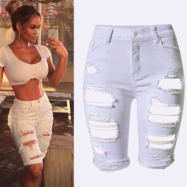 white ripped high waist jeans woman shorts denim high street pockets plus size distressed jeans for women, Blue
white ripped high waist jeans woman shorts denim high street pockets plus size distressed jeans for women, Blue