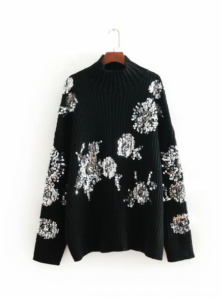 b1249beb8596 sequins embroidery beaded sequin embroidery women's wear 18 autumn and winter new beaded sequins embroidered sweater, White;black