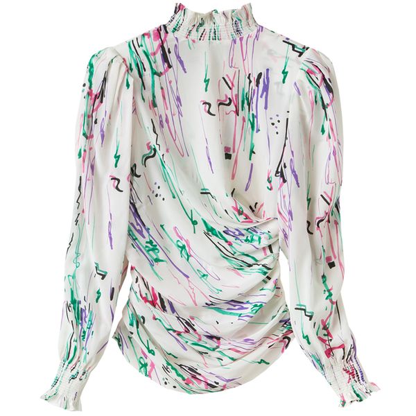 2020 autumnwhite colorful graffiti print silk blouse asymmetric creased cinched waist high collar flounce long sleeves, White
2020 autumnwhite colorful graffiti print silk blouse asymmetric creased cinched waist high collar flounce long sleeves, White