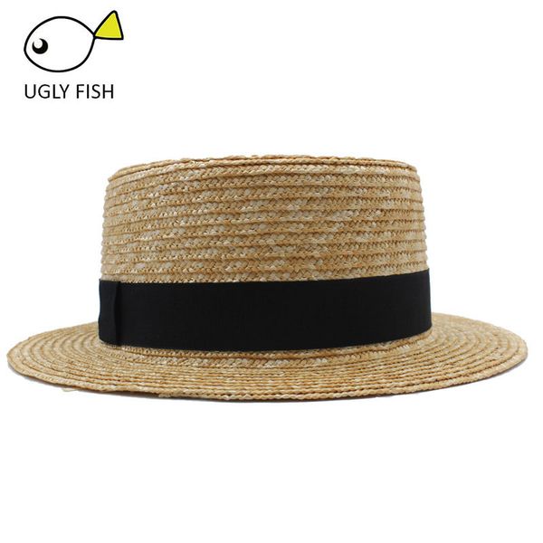 sun solid straw boater hat flat summer hats for women men y200716, Blue;gray