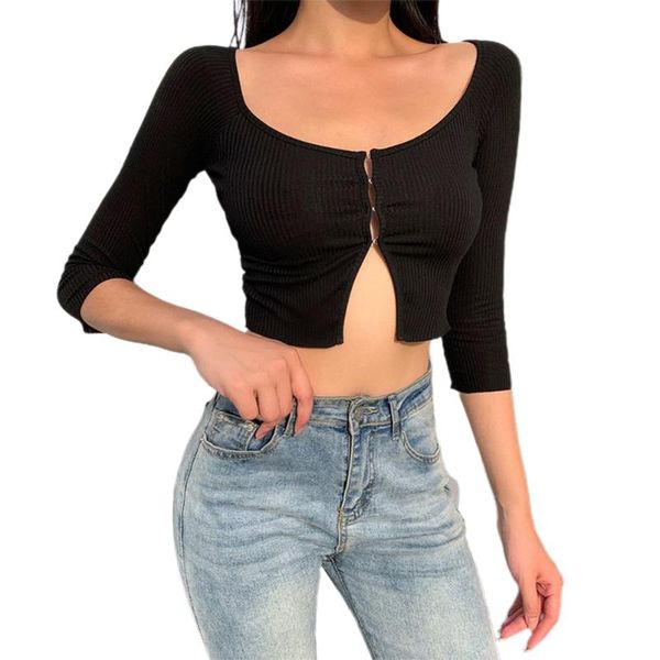 women summer long-sleeved cardigan fashion solid color boat neckline buckle exposed navel t-shirt, White;red
women summer long-sleeved cardigan fashion solid color boat neckline buckle exposed navel t-shirt, White;red