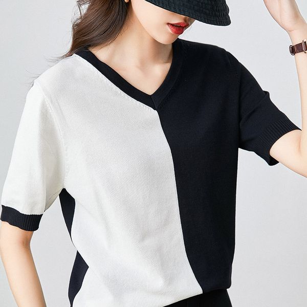 stylish tshirt women casual patchwork knit female short sleeves v-neck pullover shirts, White
stylish tshirt women casual patchwork knit female short sleeves v-neck pullover shirts, White