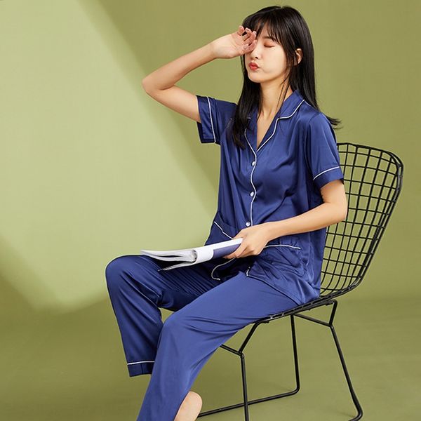 p7l5f 2020 new ice silk women's summer short-sleeved trousers set women's imitation silk home clothes home clothes pajamas trouser, Blue;red
p7l5f 2020 new ice silk women's summer short-sleeved trousers set women's imitation silk home clothes home clothes pajamas trouser, Blue;red