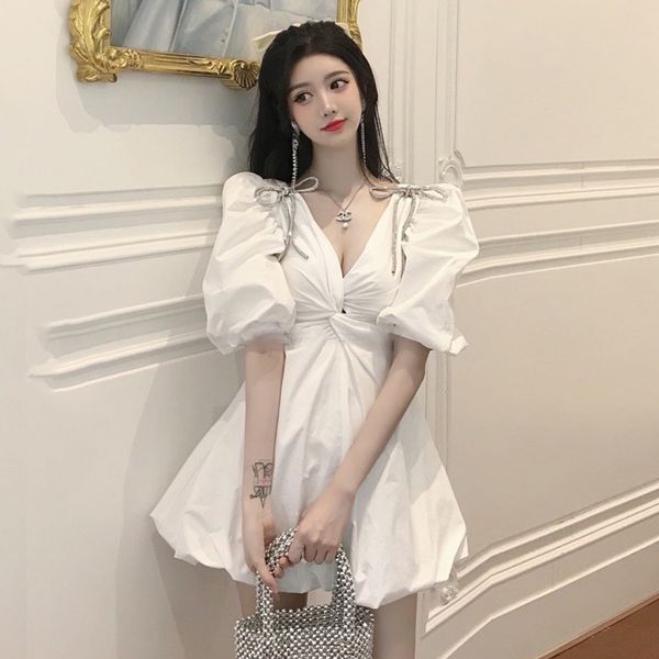 dress women summer deep v neck bowknot twist together dresses fashion half puff sleeve bandage mini court style dress, White;black
dress women summer deep v neck bowknot twist together dresses fashion half puff sleeve bandage mini court style dress, White;black