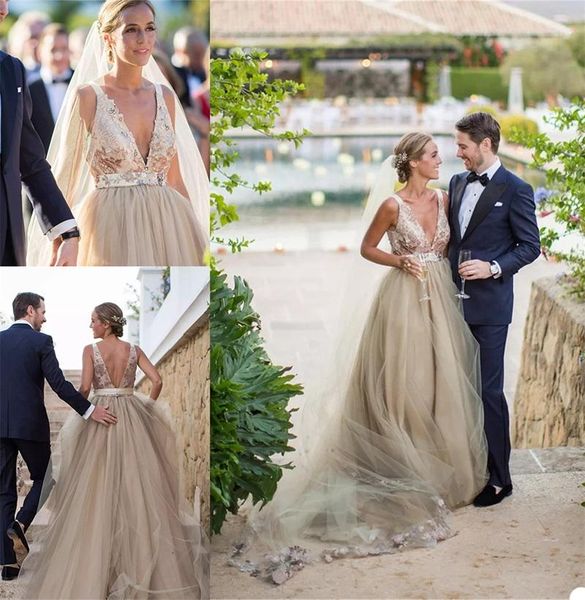 champagne elegant wedding dresses v-neck backless appliqued lace beaded bridal gown custom made sweep train bridal dress b98, White
champagne elegant wedding dresses v-neck backless appliqued lace beaded bridal gown custom made sweep train bridal dress b98, White