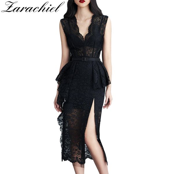 sleeveless v-neck high waist women black lace dress female vintage ruffles split summer evening party dress with belt, Black;gray
sleeveless v-neck high waist women black lace dress female vintage ruffles split summer evening party dress with belt, Black;gray