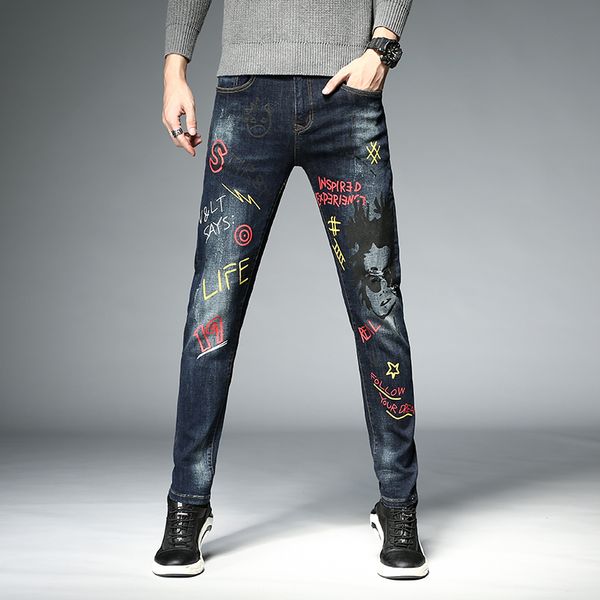 new 2020 men's male european american embroidery flower jeans multi-craft personality alphabet trousers pants, Blue