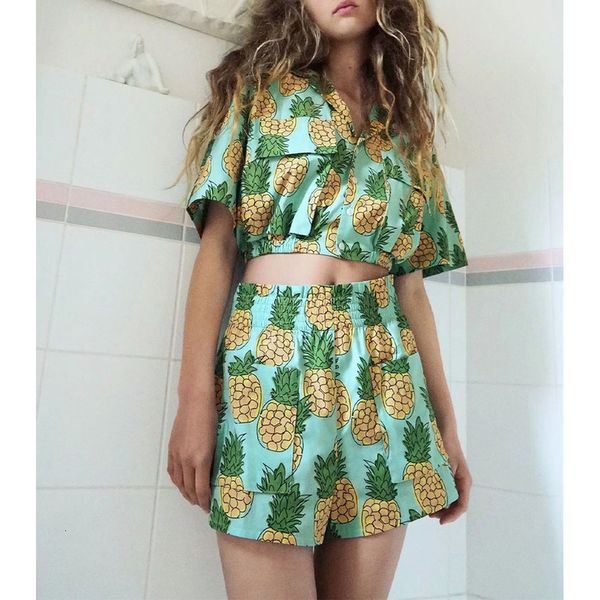 new summer suits women two piece set pineapple printed pajama style soft short blouse & printed casual shorts loose, Gray
new summer suits women two piece set pineapple printed pajama style soft short blouse & printed casual shorts loose, Gray