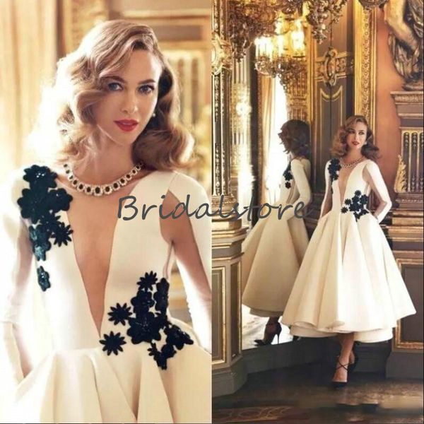 elegant tea length cocktail dresses long sleeve illusion front satin lace short prom dresses with pockets 2020 modest formal evening dress, Black
elegant tea length cocktail dresses long sleeve illusion front satin lace short prom dresses with pockets 2020 modest formal evening dress, Black
