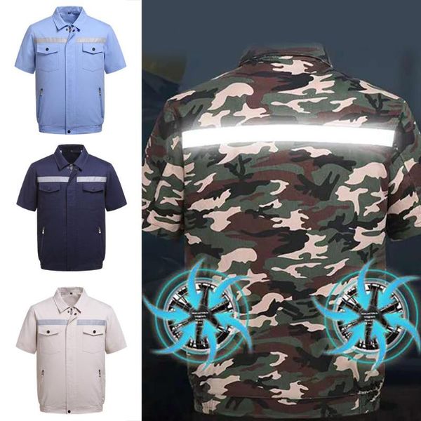 summer air cooling fan reflective strip short sleeve jacket working coat reflective strips on back and front to work safer, White;black
summer air cooling fan reflective strip short sleeve jacket working coat reflective strips on back and front to work safer, White;black