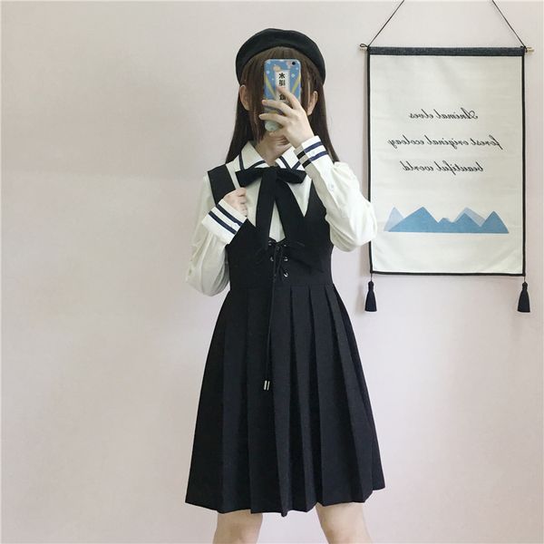 japanese student uniform jk women's bow trim shirt blouse+pleated dress overalls 2pcs set 2020 autumn preppy style, White
japanese student uniform jk women's bow trim shirt blouse+pleated dress overalls 2pcs set 2020 autumn preppy style, White